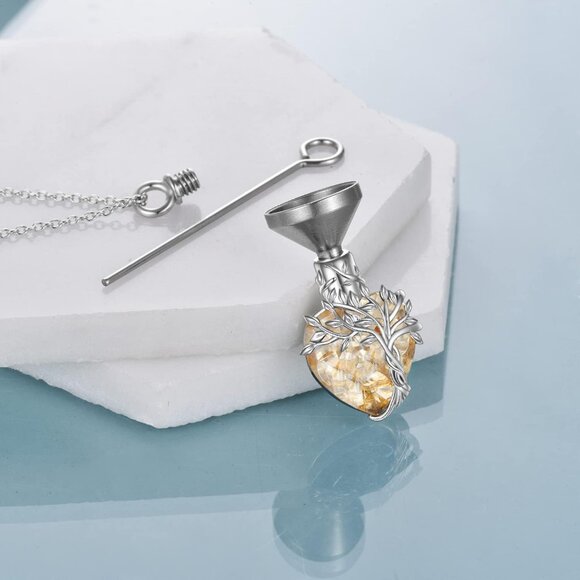 Sterling Silver Heart Tree of Life Urn Necklace with Citrine Crystal for Memoria - Picture 3 of 7